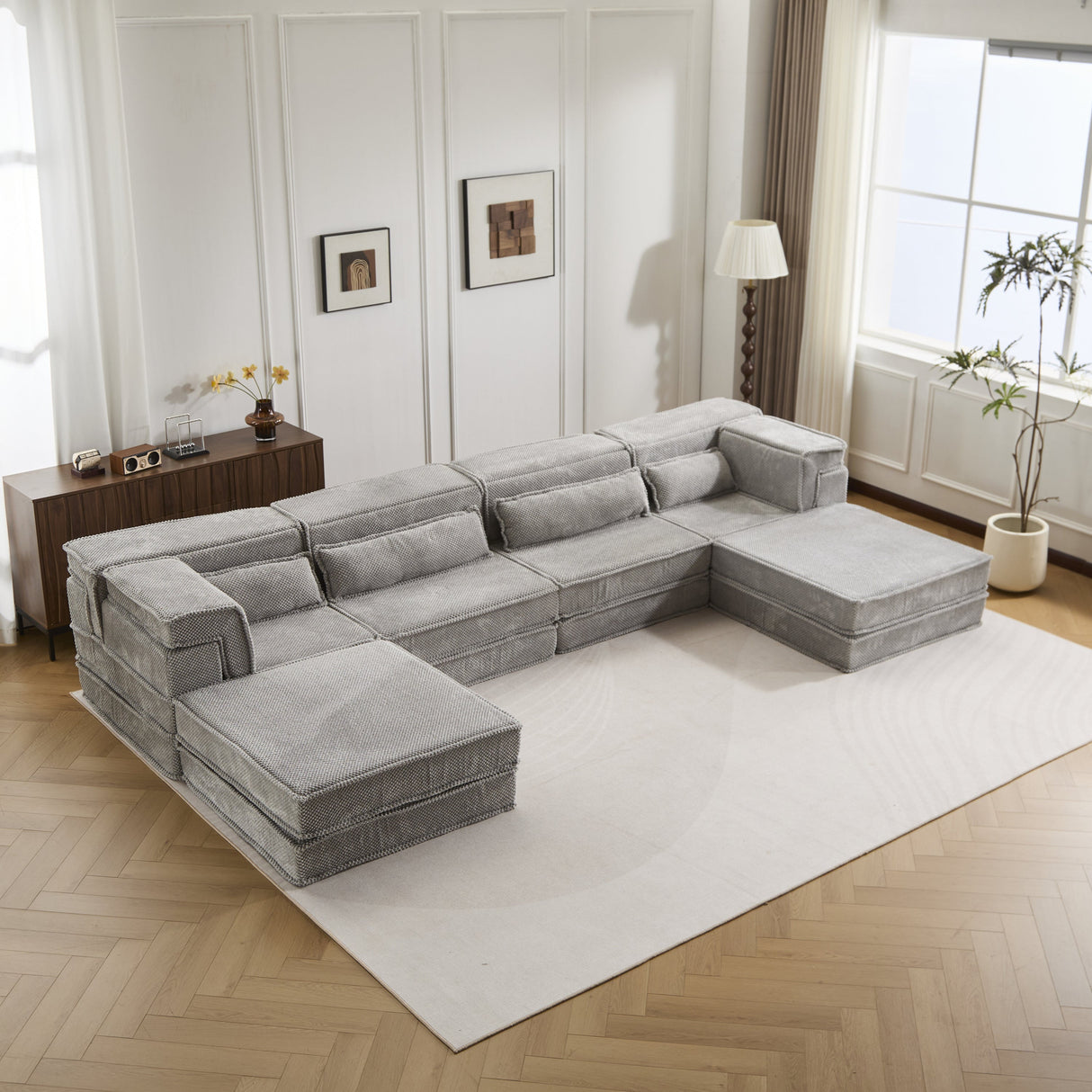 Compression Mahjong Sofa,Convertible Floor Sofa Bed,DIY Boneless Modular Sectional Sofa,No Assembly Required,Circle fleece fabric,Oversized 4 Seater with 2 Ottoman,Light-grey - sold by Home Elegance USA