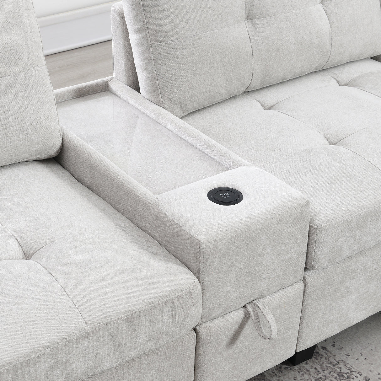Chenille U Shaped Sectional Sofa with Acrylic Table Top, USB Charger, Storage Drawers, Pockets and Movable Ottoman - sold by Home Elegance USA