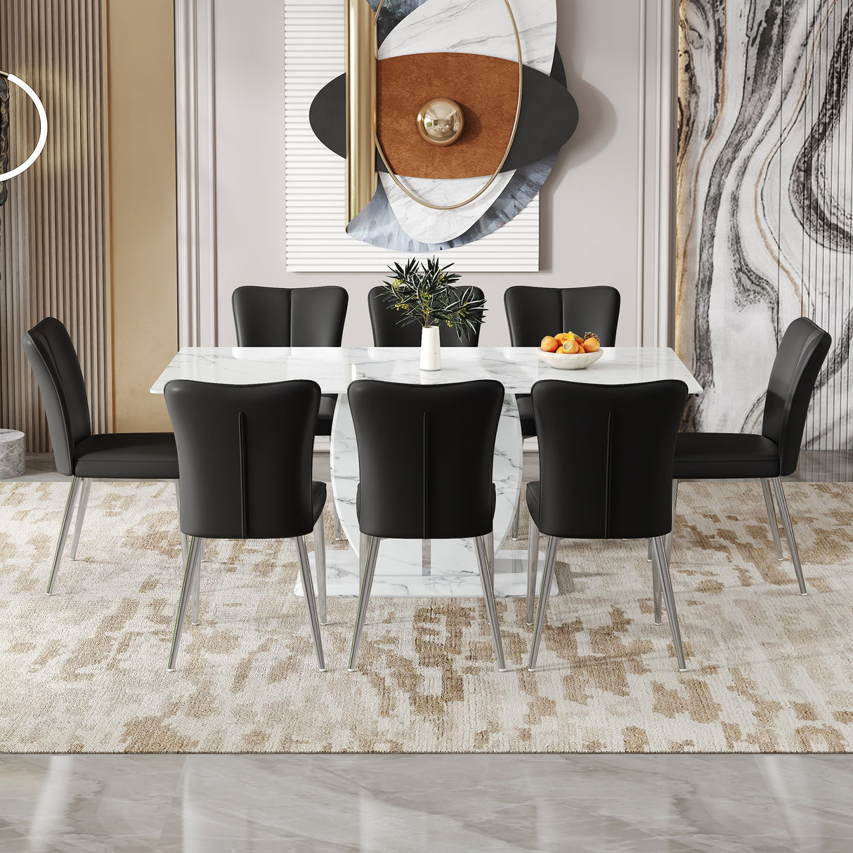 Table and chair set.Modern Simple Marble Pattern Dining Set - 71'x35.4' Table with 8 Black PU Chairs with a vertical stripe design on the backrest. Tempered glass tabletop,White Marble Pattern. - sold by Home Elegance USA