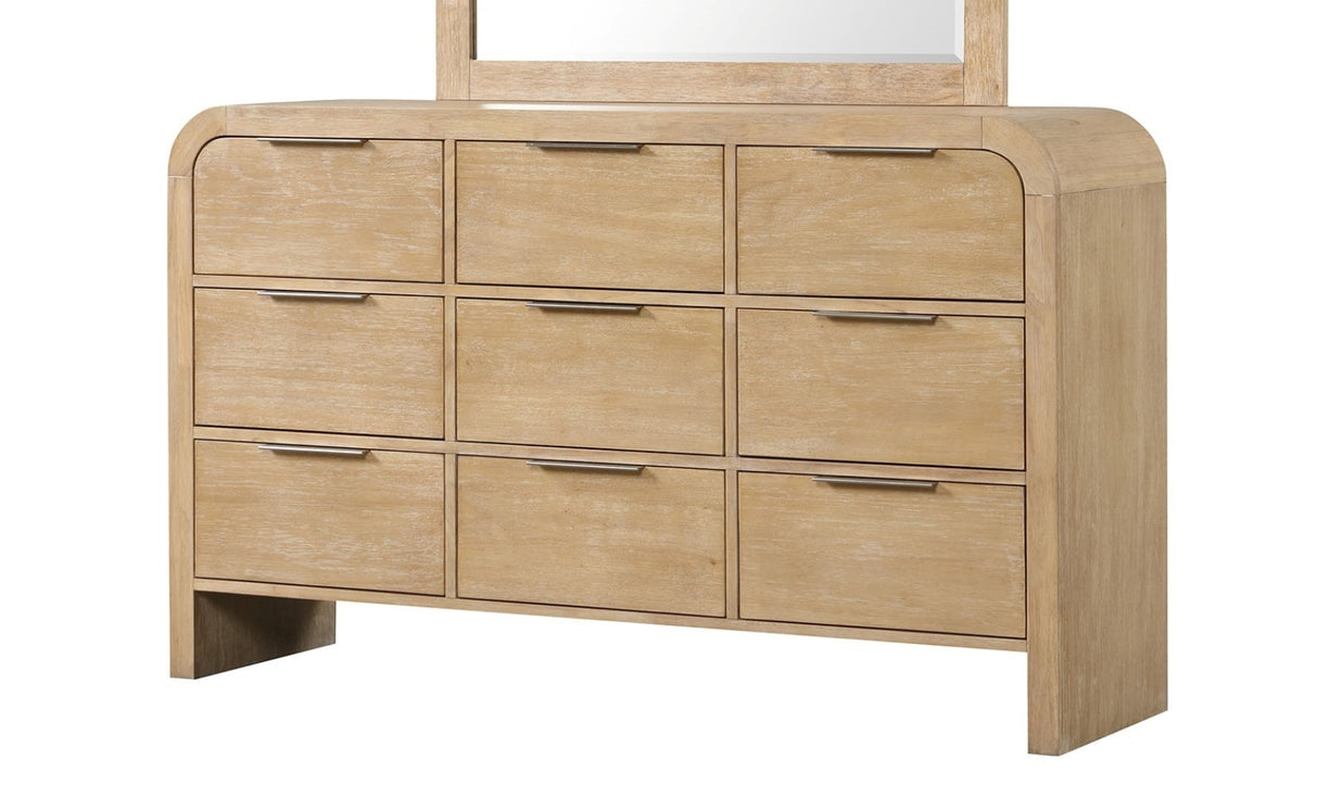 Contemporary Style Natural Finish 1pc Dresser Only Solid Rubber wood Bedroom Furniture 9-Drawers Metal Finger Pulls