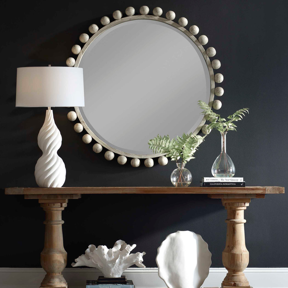 Cyra Wood Round Mirror Aged Ivory - Silver by Uttermost - View 2