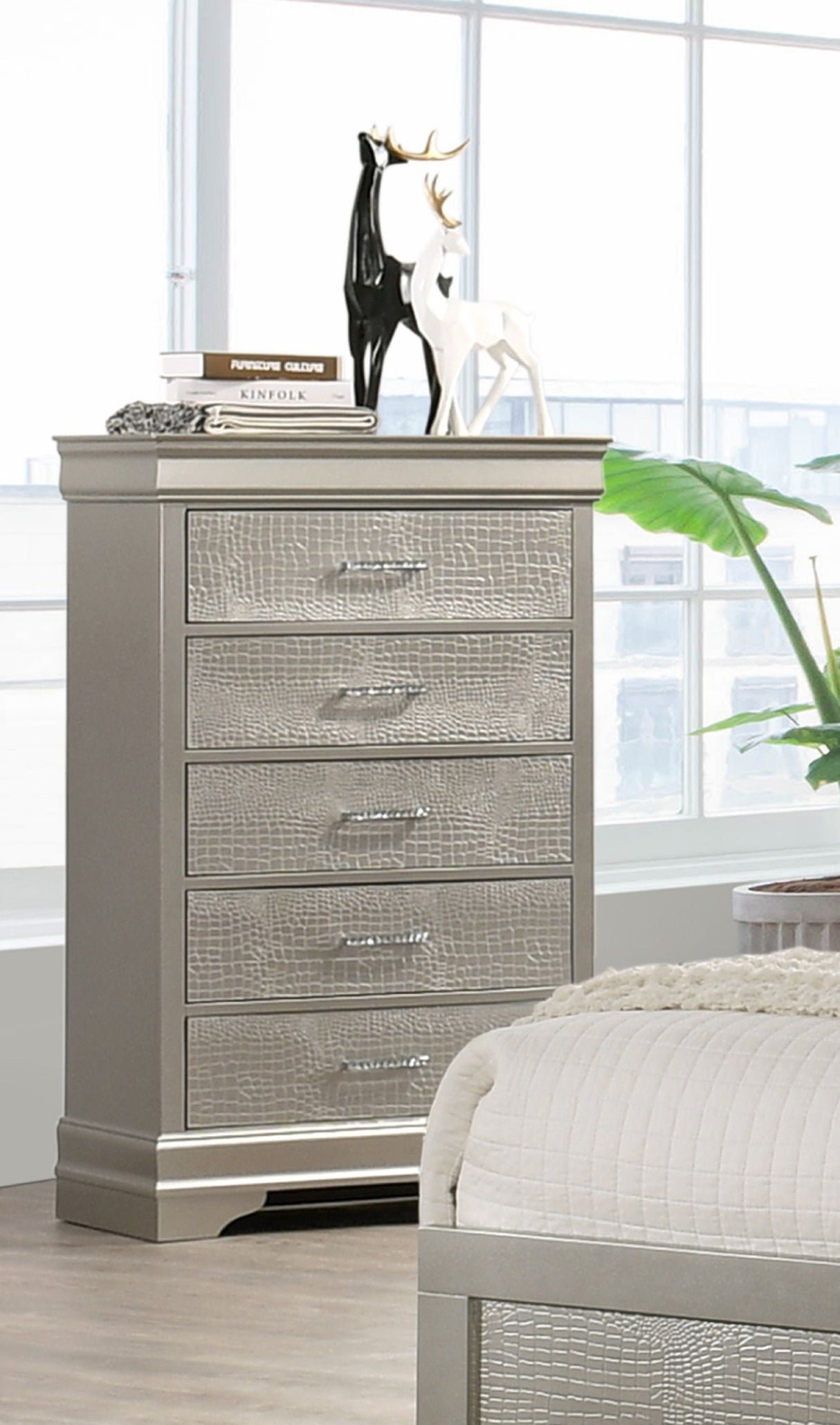 5-Drawer Tall Chest Modern 1pc Beige Champagne Texture Finish Solid Wood Wooden Crystal Tufted Handle Bedroom Home Furniture