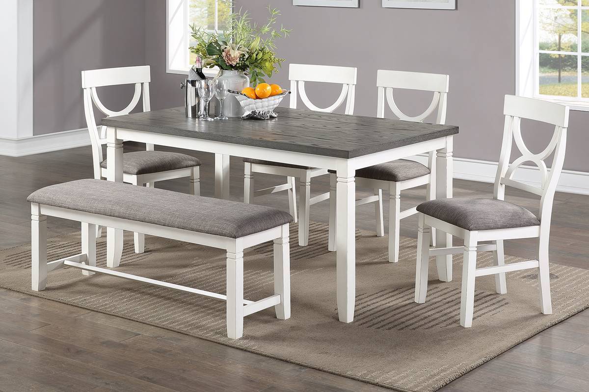 Dining Room Furniture White 6pc Dining Set Table 4 Side Chairs and A Bench Rubberwood MDF | Home Elegance USA