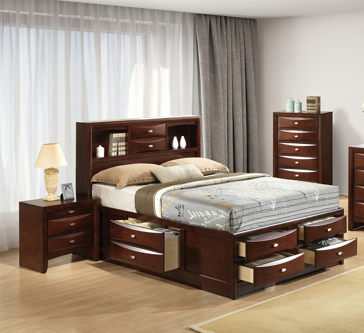 Contemporary Queen Size Bed 2x Nightstands Headboard Bookcase Cherry Color 3pc Set Bedroom Furniture