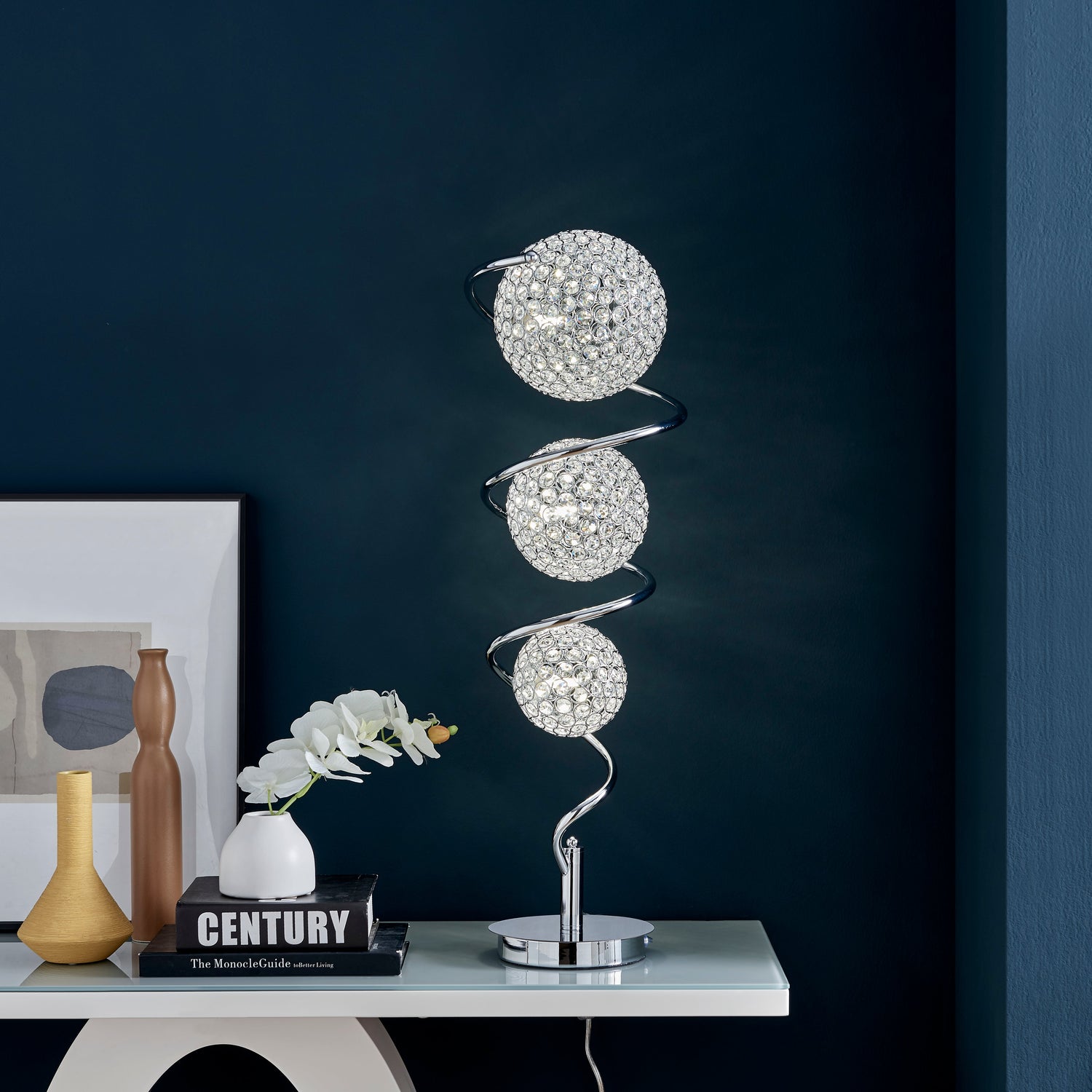 Vertical Crystal Sphere Table Lamp // 3 Light  | Finesse -  Home Elegance USA
