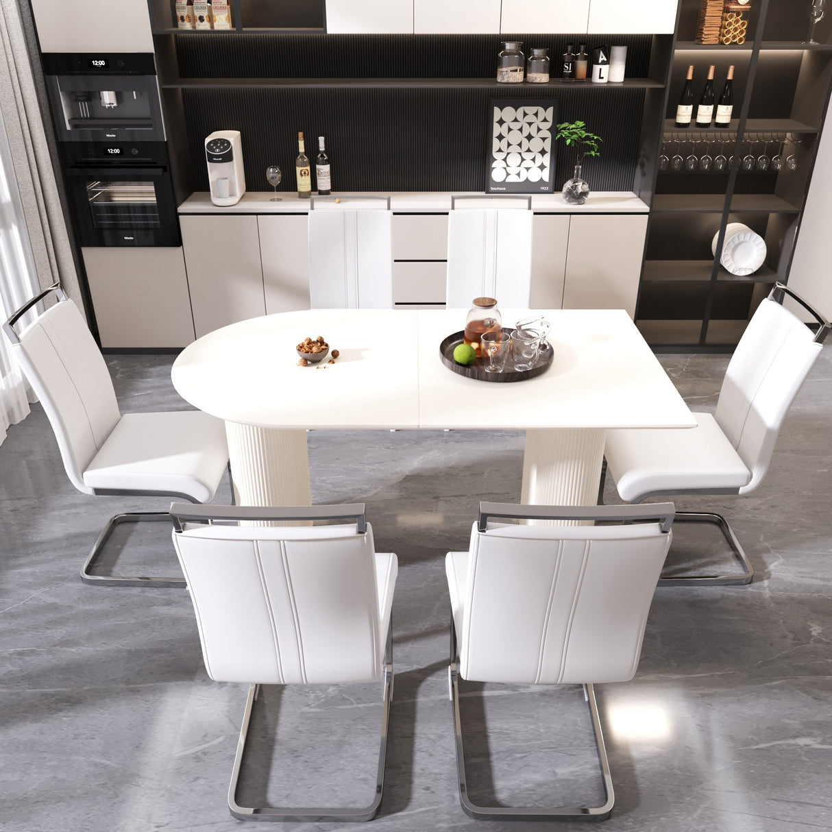 63 'medieval modern cream style MDF dining table and PU armless dining chair set 6. Assemble Desktop and Silver plated metal leg dining chair set, suitable for home&kitchen - sold by Home Elegance USA