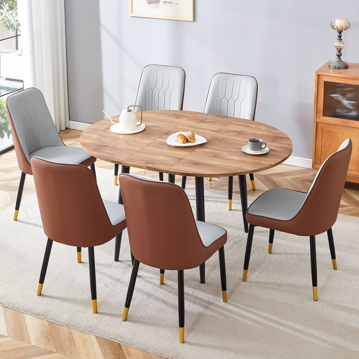 Juego de mesa y sillas.Mesa de comedor moderna extensible de madera MDF.La mesa tiene un diseño telescópico, adecuado para reuniones de diferentes tamaños.Combina con 6 sillas con cojines de PU y patas de metal negro.