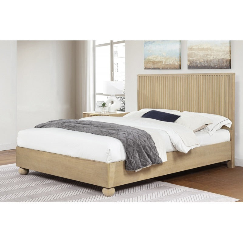 Queen Size Wooden Platform Bed with Fluted Panels Headboard – Modern Minimalist Design, Light Oak Finish