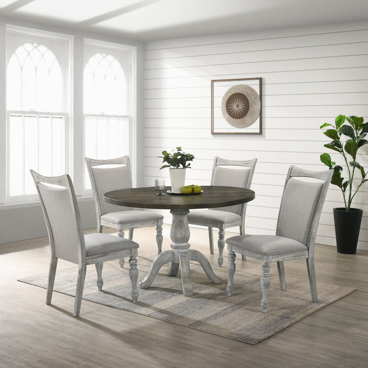 Iris 5-Piece Dining Set, Round Pedestal Table with 4 Chairs, Weathered White and Gray - sold by Home Elegance USA