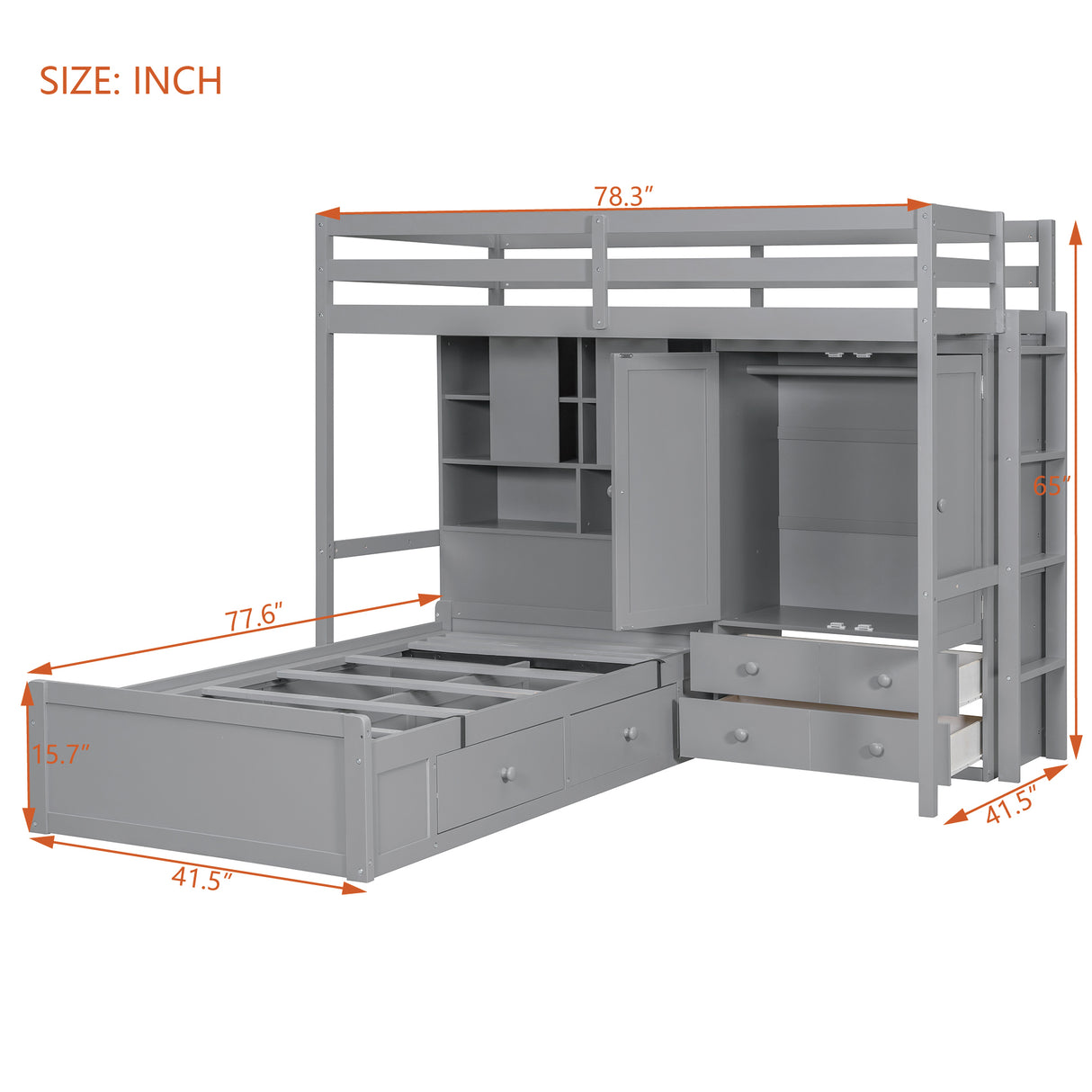 Twin Bunk Bed with Drawers, Wardrobe, Storage Shelves and Hydraulic Bed,Gray - sold by Home Elegance USA