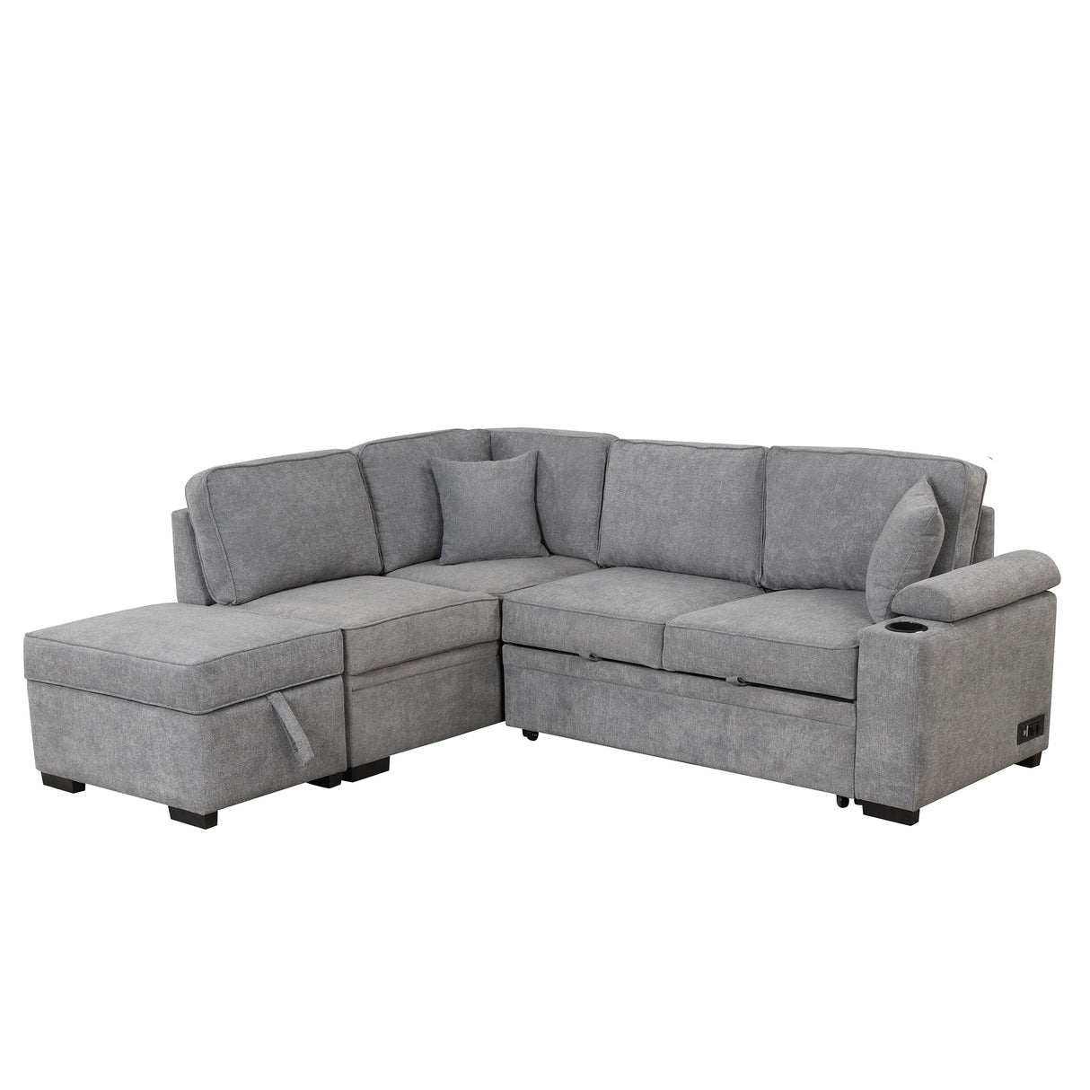 Modern Sleeper Sofa Bed with Storage Ottoman, Gray Linen, 84.75' L Shape Couch for Living Room or Apartment