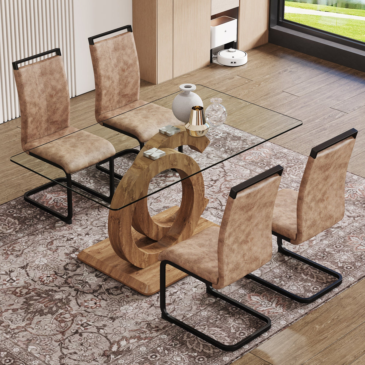 1 table and 4 chairs set.63'x35.4x30' Transprant Tempered glass Dining Tabletop with Wood color MDF OC shaped bracket.Paired with 4 brown technology fabric chairs.W1151S02016 - Home Elegance USA