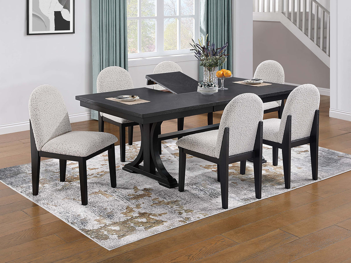 Traditional Look Dining Table And 6x Side Chairs White Finish Fabric Table w Trestle Base Plush Cushion Chair 7pc Dining Set
