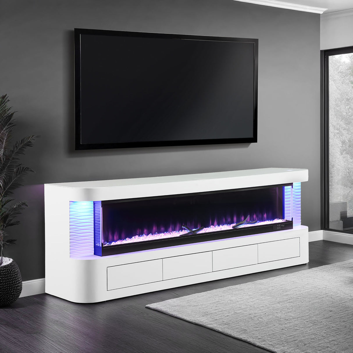 Contemporary Style TV Stand Electric Fire Place 3-Level Brightness Setting Flame Box Display White Finish Primary Living Room
