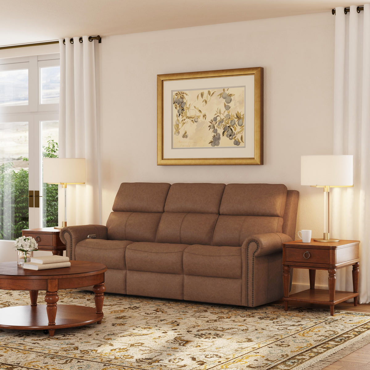 Bernard Power Reclining Sofa With Console, Power Headrests & Lumbar, Nailhead Trim | Flexsteel