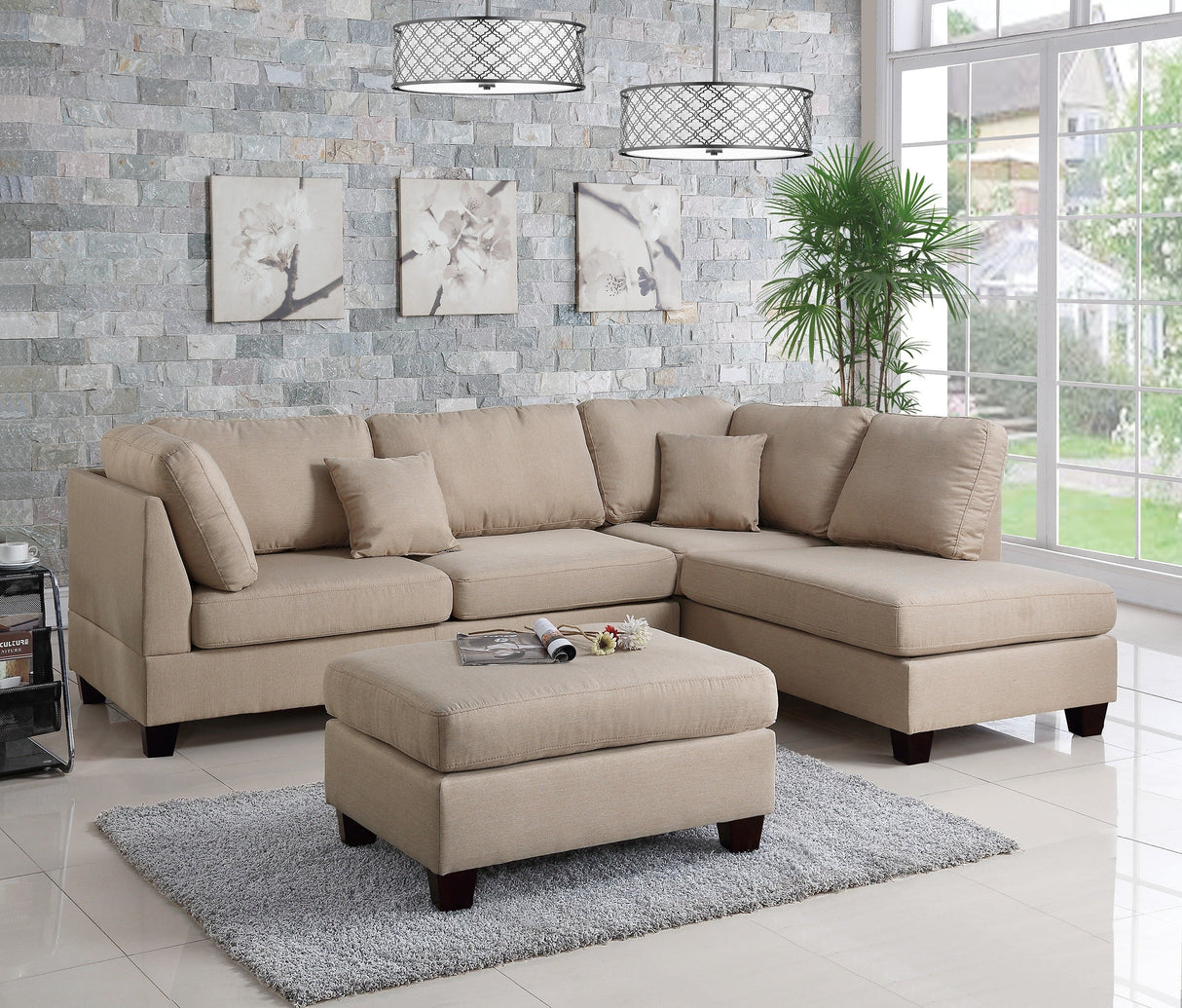 Sand Color 3pcs Sectional Living Room Furniture Reversible Chaise Sofa And Ottoman Polyfiber Linen Like Fabric Cushion Couch - sold by Home Elegance USA