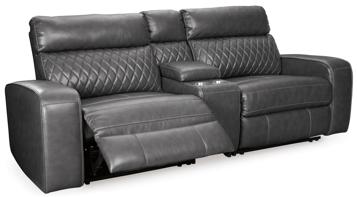 Gray Samperstone 55203S3 3-Piece Power Reclining Sectional Loveseat - Faux Leather | Ashley - Home Elegance USA