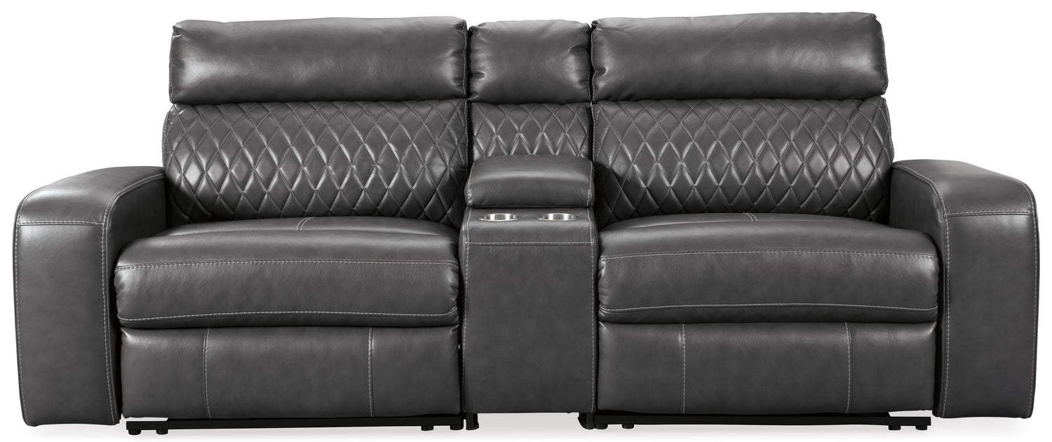 Gray Samperstone 55203S3 3-Piece Power Reclining Sectional Loveseat - Faux Leather | Ashley - Home Elegance USA