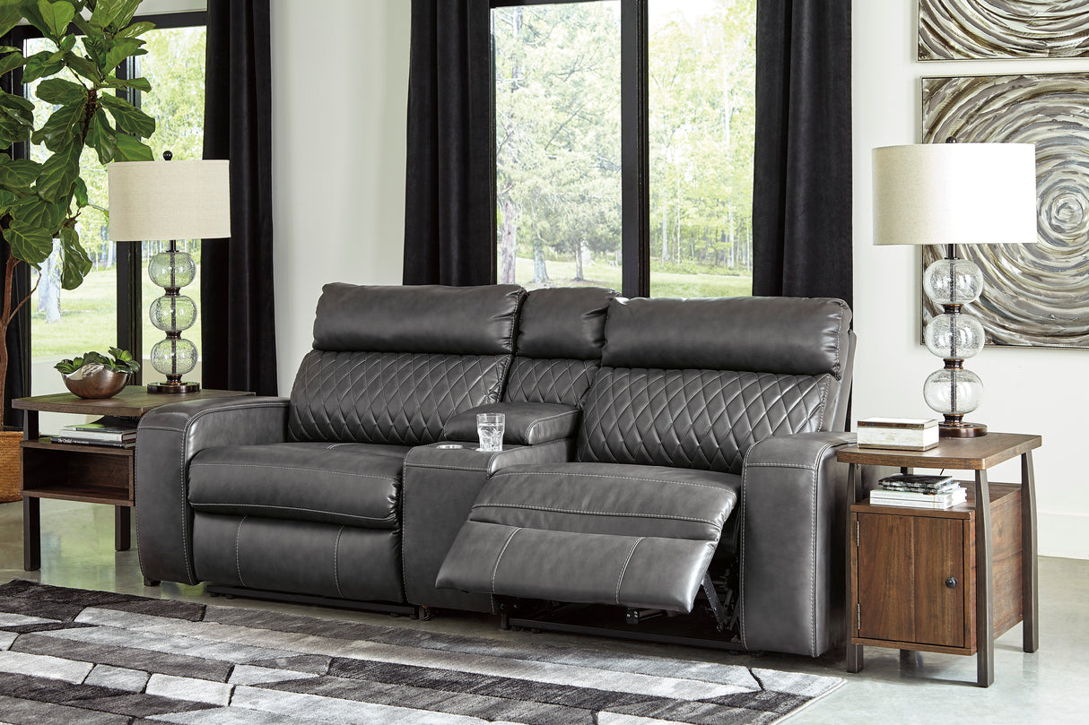 Gray Samperstone 55203S3 3-Piece Power Reclining Sectional Loveseat - Faux Leather | Ashley - Home Elegance USA
