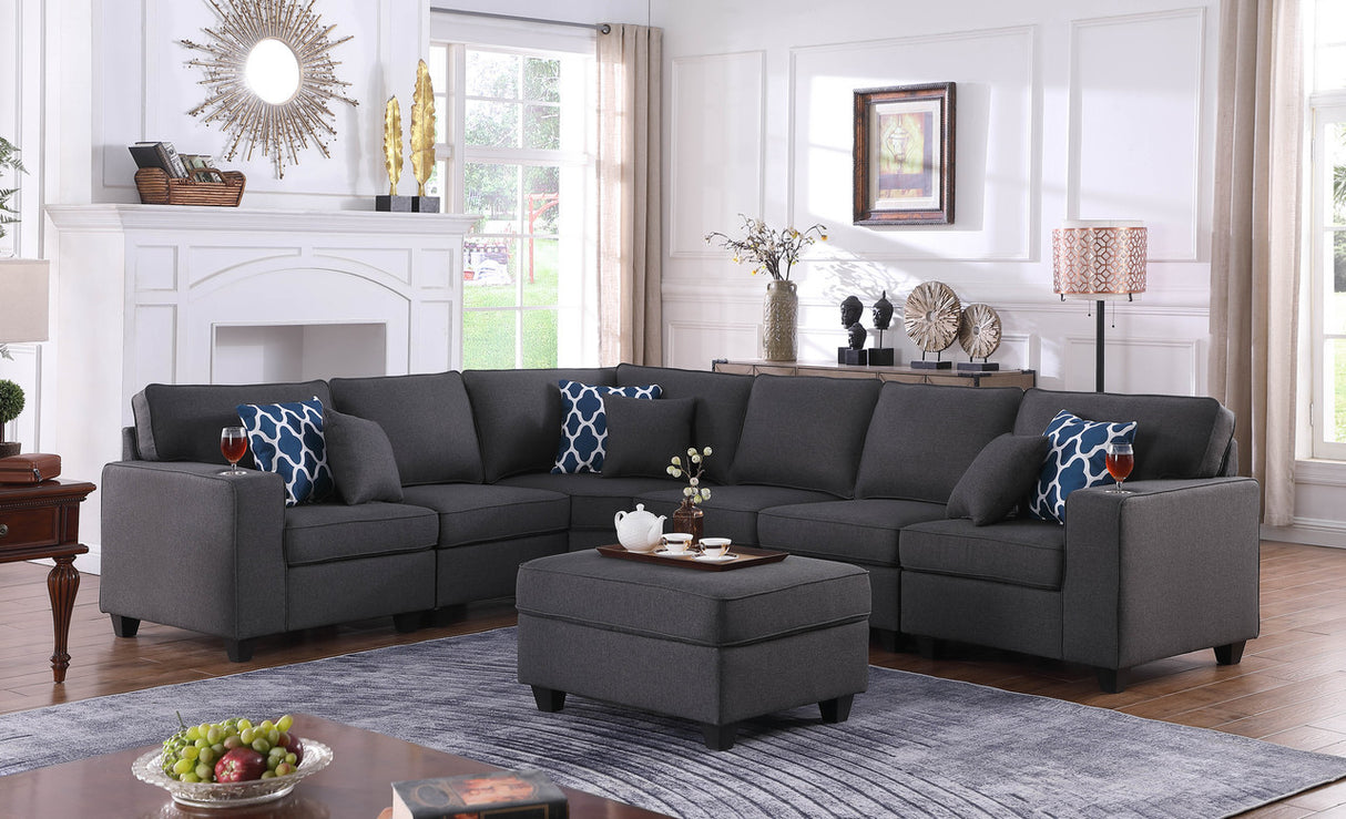 Cooper 125' Dark Gray Linen 7Pc Reversible L-Shape Sectional Sofa with Ottoman and Cupholder