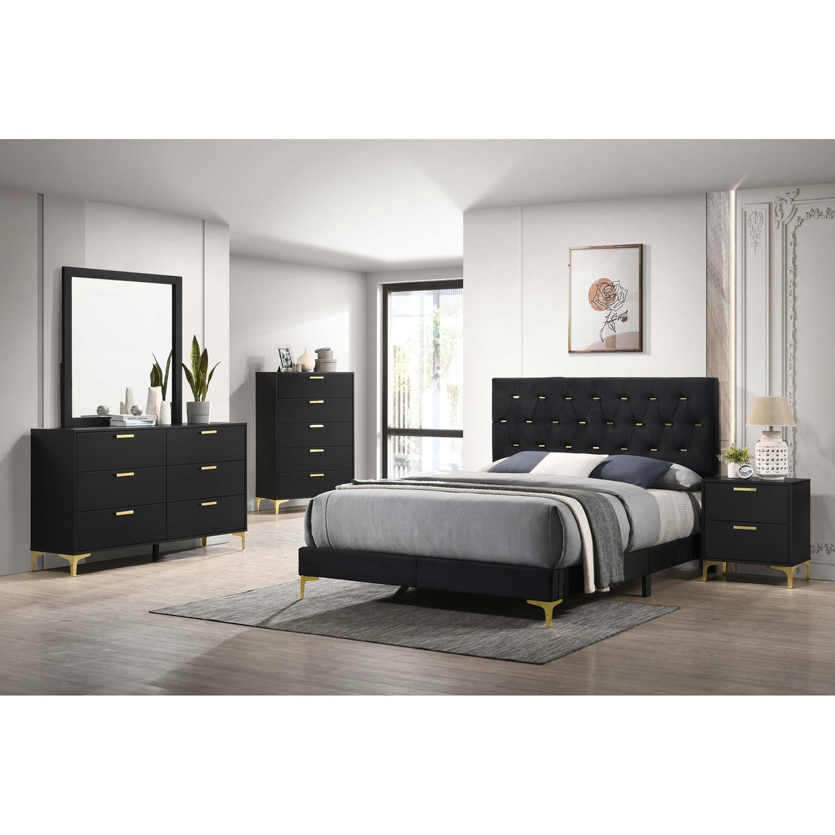 Lexie Black/Gold 5-piece Tufted Panel Bedroom Set