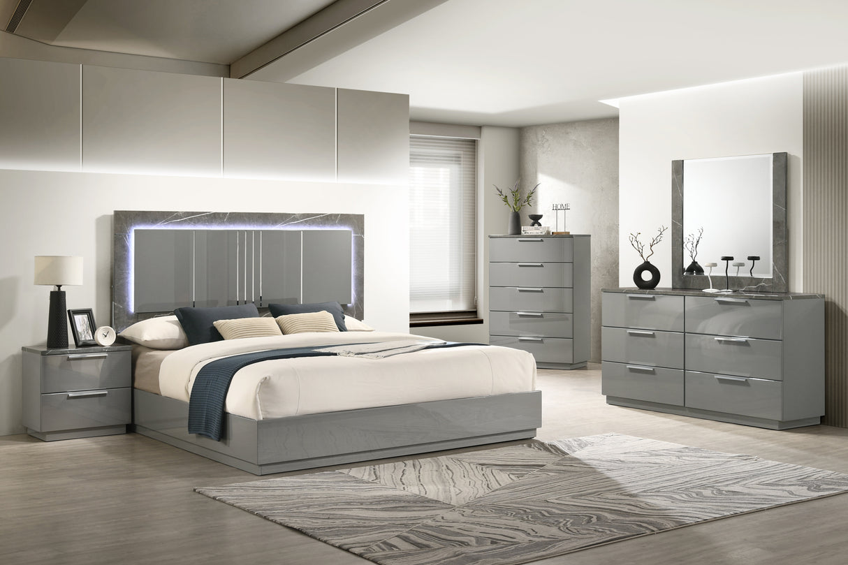 Elara Queen 5-Piece Set – Two-Tone High-Gloss Marble & Lacquer Finish with LED Lighting, Metal-Finished Legs, Spacious Storage- Gray (CA Inventory)