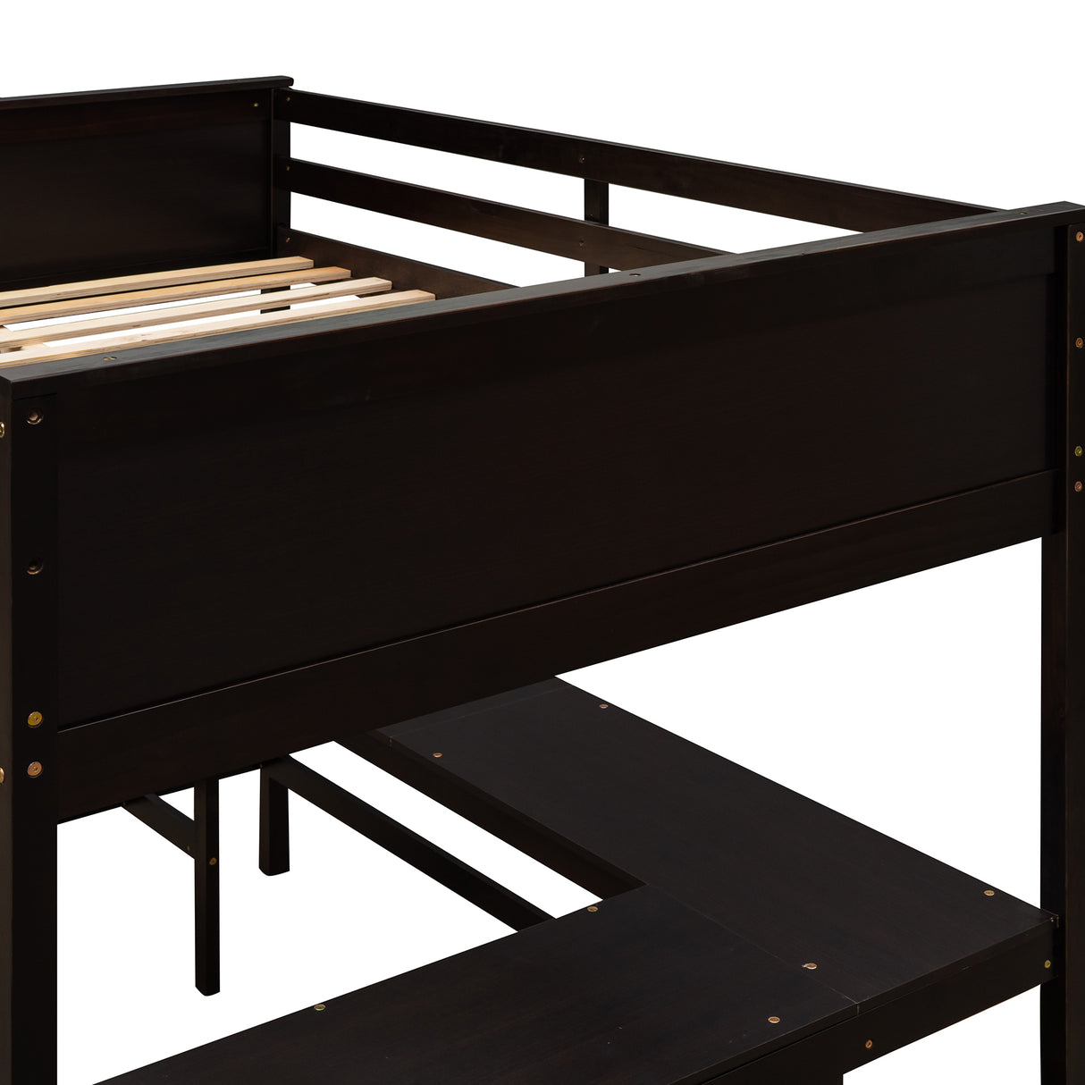 Full size Loft Bed with Shelves and Desk, Wooden Loft Bed with Desk - Espresso - Home Elegance USA
