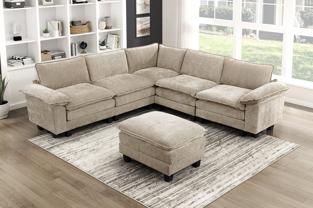 Modern Contemporary 6-Piece Modular Sectional with Ottoman Plush Comfort Taupe Chenille Upholstery Living Room Furniture Durable Plywood