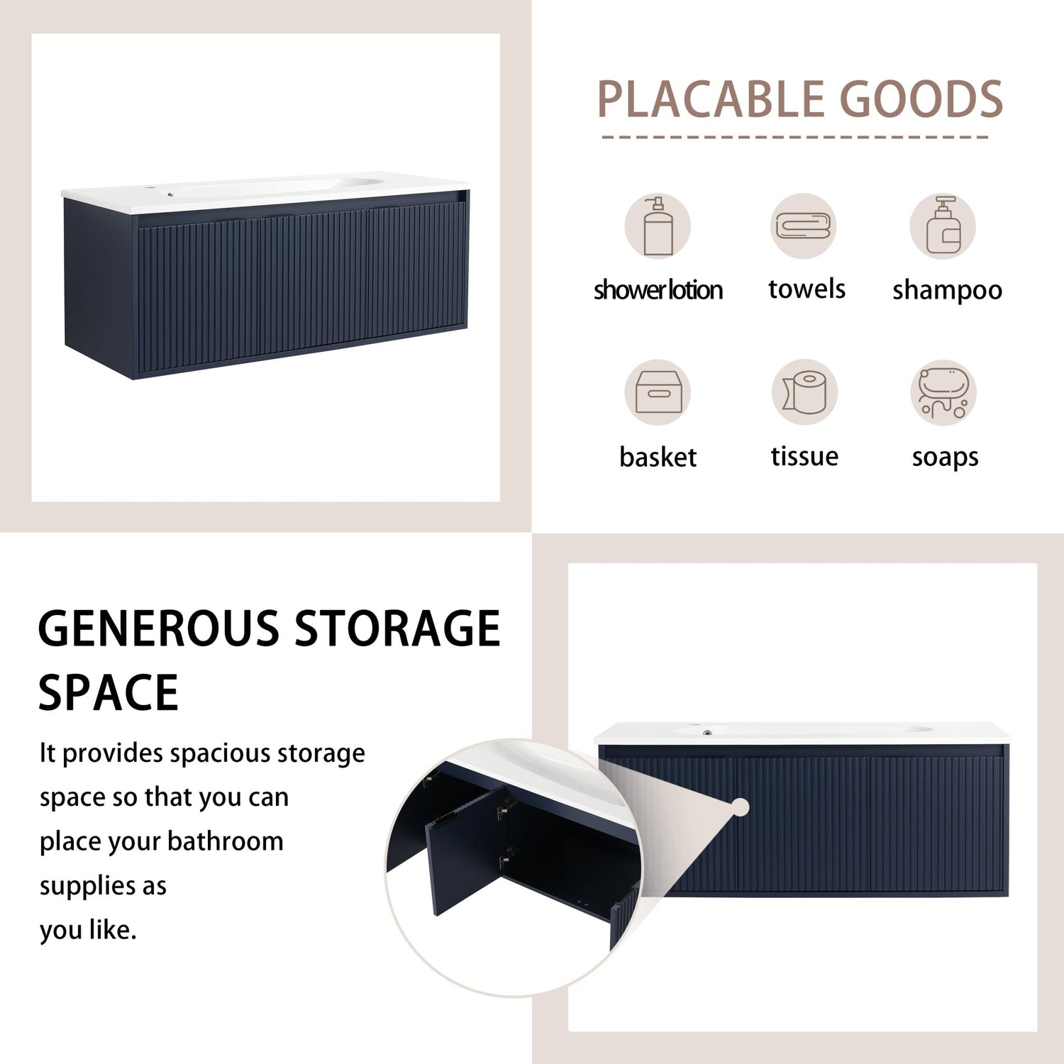 48" Floating Bathroom Vanity with Drop - Shaped Resin Sink(BVB05848BNL - GRBSD48S) | Home Elegance USA