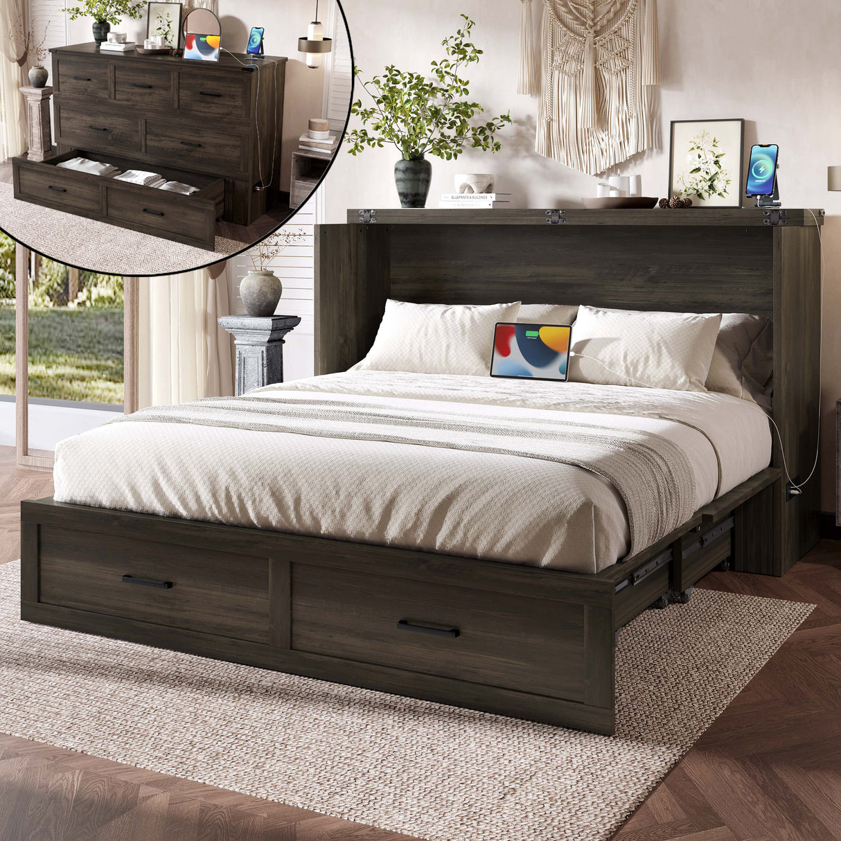 Murphy Bed Cabinet Queen Size with Charging Station, Multi-Functional Foldable Platform Bed with 1 Large Storage Drawer for Guest Room, Small Bedroom, Rustic Gray