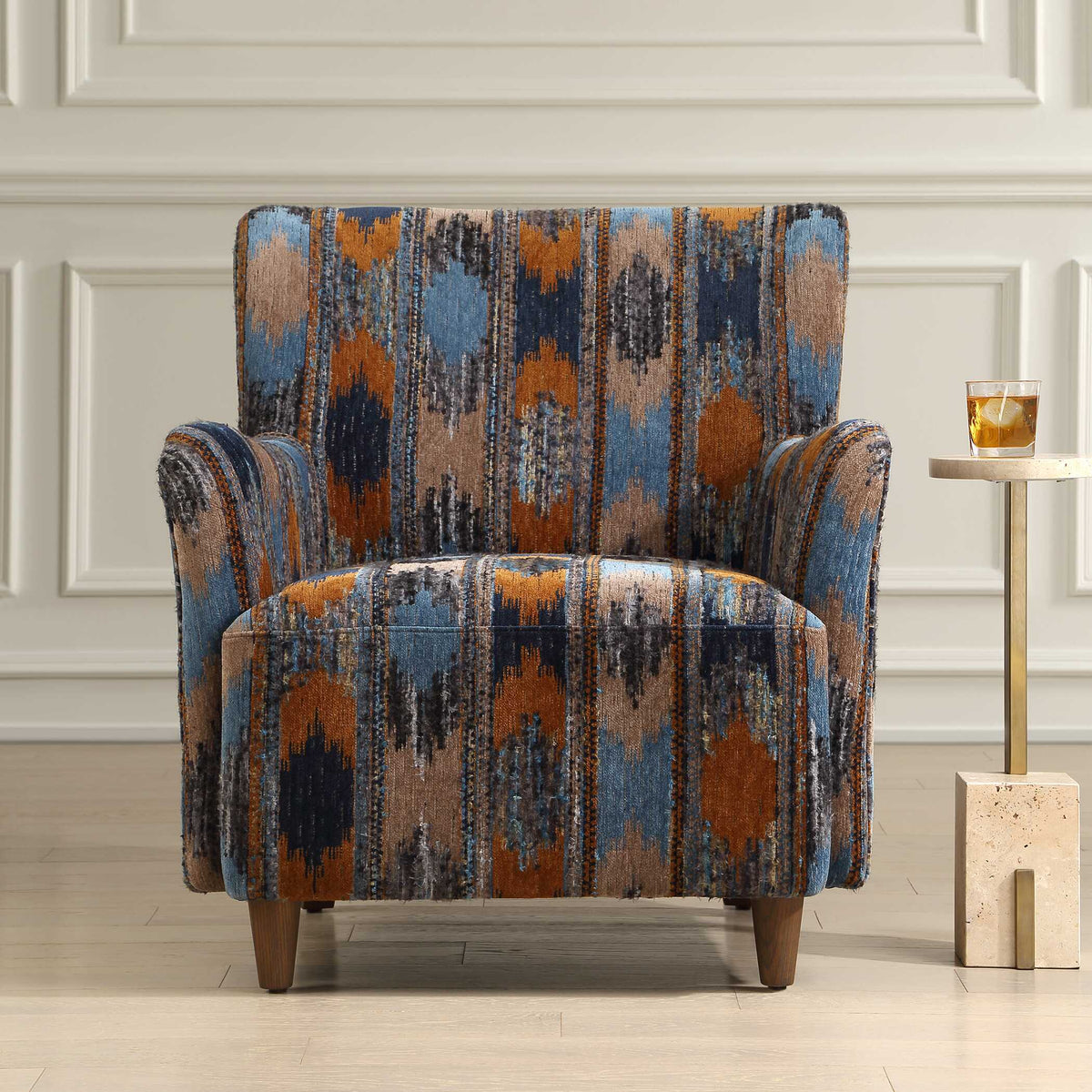 Lainey Upholstered Ikat Armchair Blue / Brown / Orange - Blue / Dark Brown by Uttermost - View 3