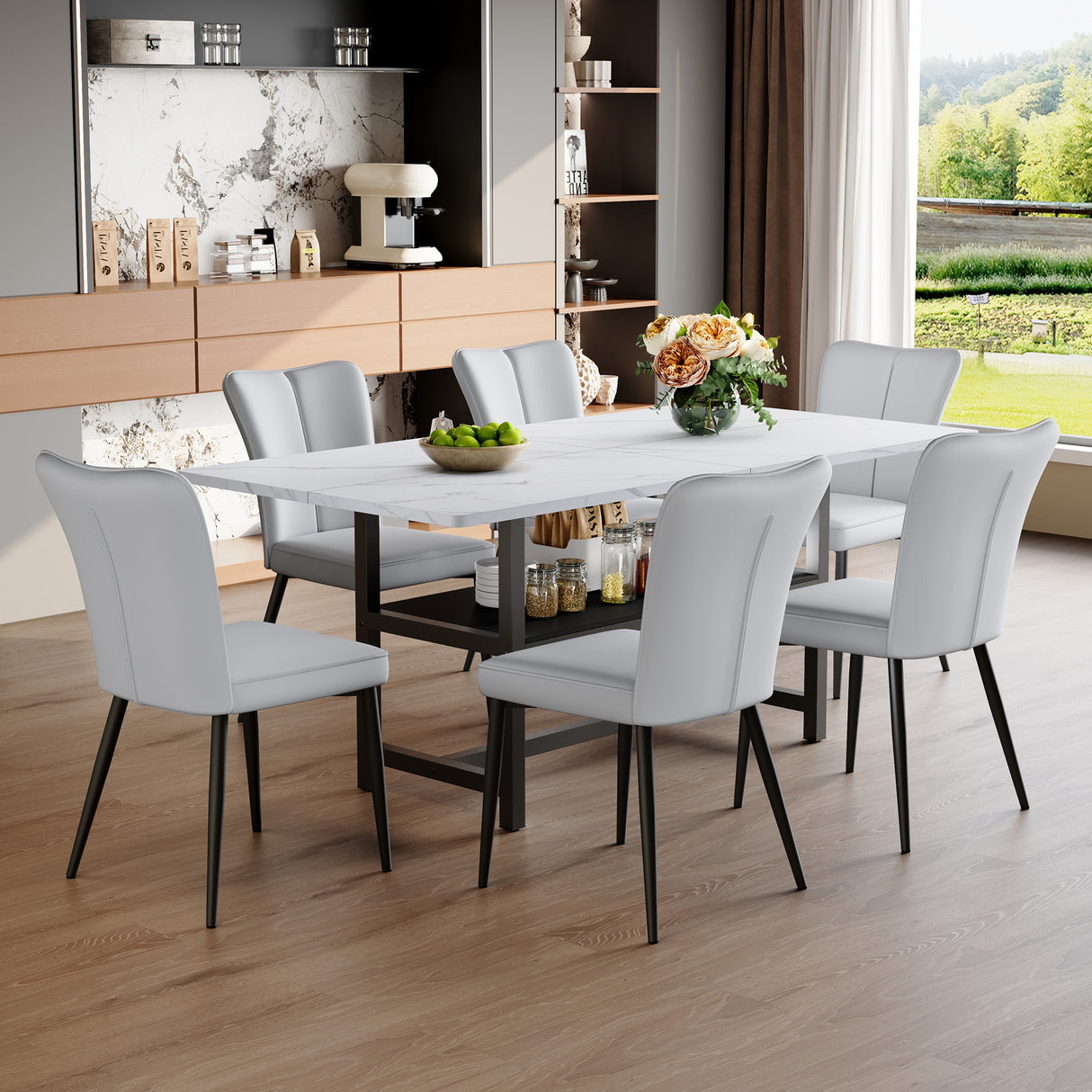 Juego de mesa y sillas. Mesa de comedor empalmada de grano blanco de 71 x 35,4 pulgadas con función de almacenamiento en el medio de las patas. Combina con 6 sillas de PU gris claro con un diseño de rayas verticales en el respaldo.