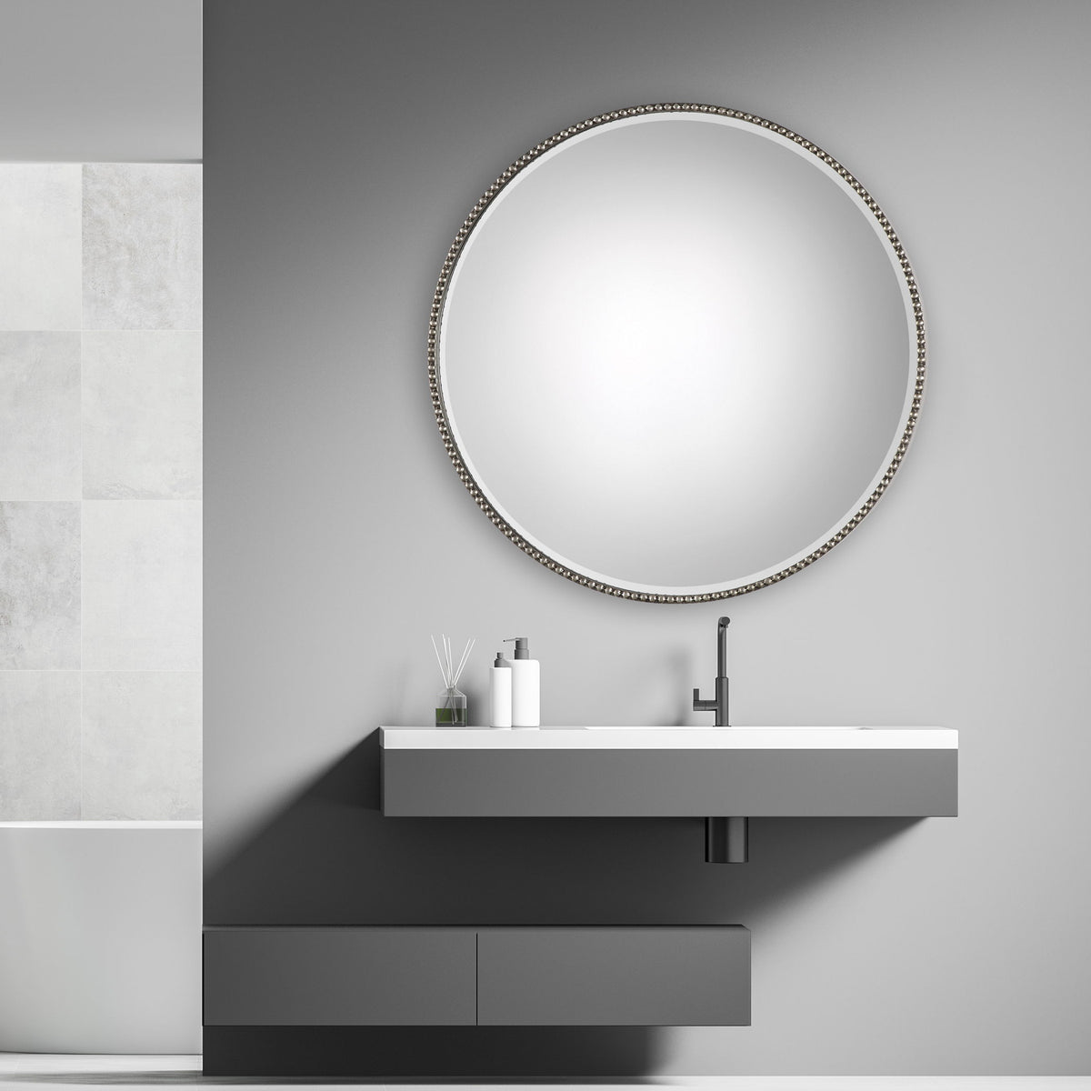 Stefania Beaded Round Mirror - Silver by Uttermost - View 2