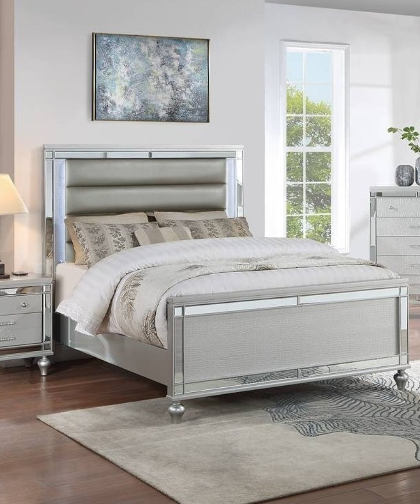 Eastern King Size 1pc Bed Built In LED Lights Glass Panel Round Gourd Legs Horizontal Tufting Silver Finish Bedroom Furniture