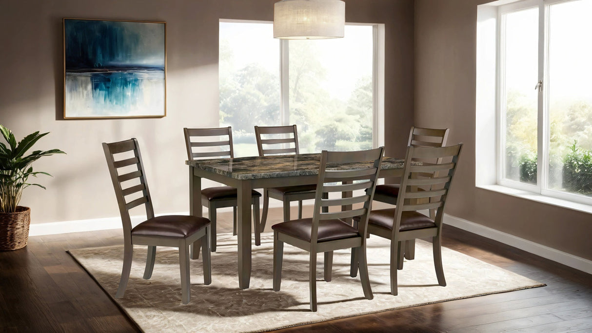 Simple Classic Brown 7pc Dining Set Faux Marble Top Dining Table 6xSide Chairs Leatherette Seats Dining Room Furniture - sold by Home Elegance USA
