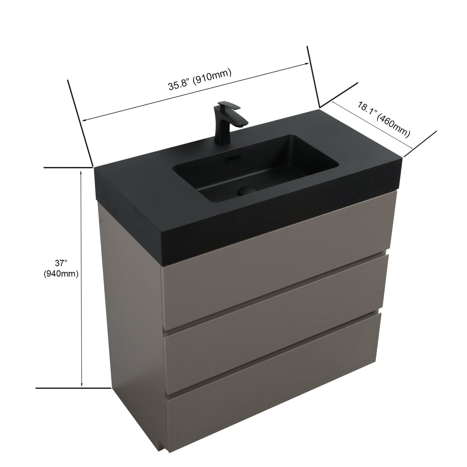 Alice 36" Gray Bathroom Vanity with Sink, Large Storage Freestanding Bathroom Vanity for Modern Bathroom, One - Piece Black Sink Basin without Drain and Faucet | Home Elegance USA
