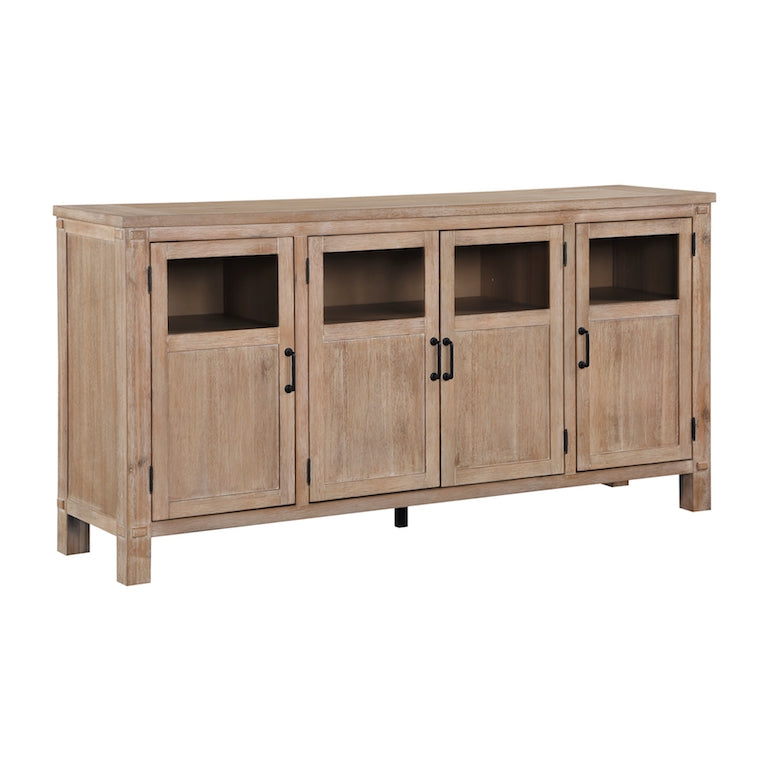 Wooden sideboard with four glass-paneled doors on a white background