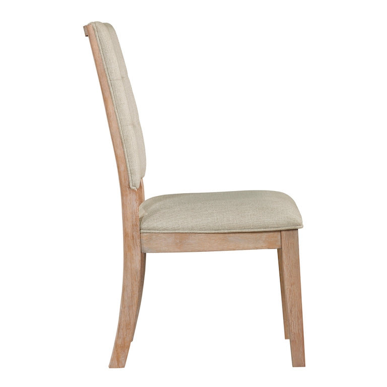 Beige upholstered chair with wooden frame on a white background