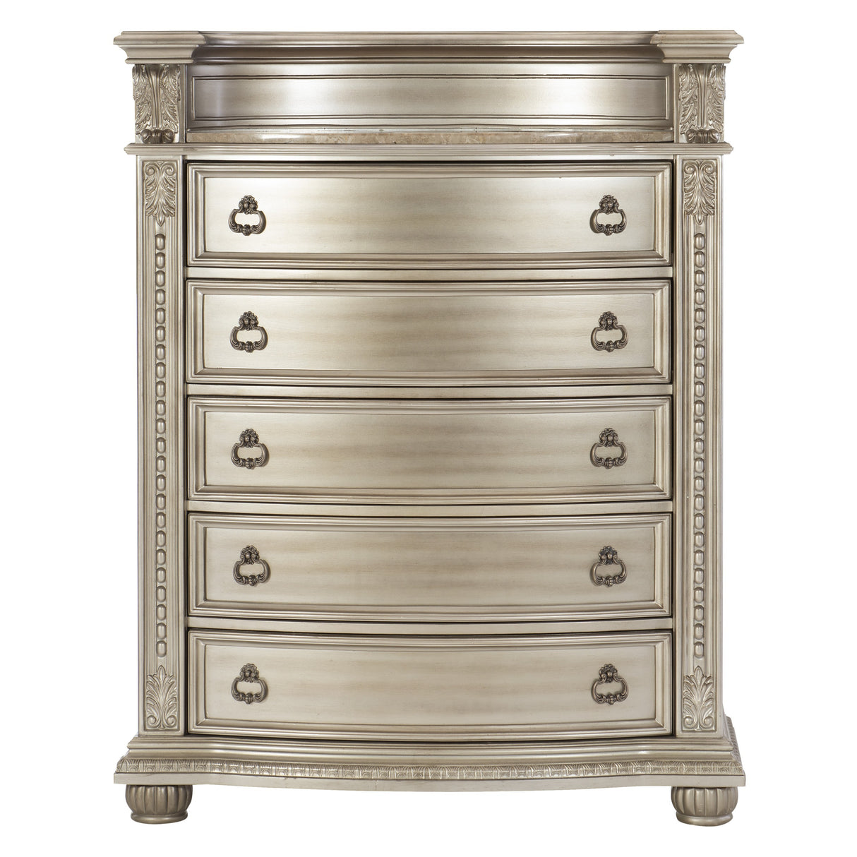 Silver Finish European Design 1pc Luxury Storage Chest with 5 Drawers Genuine Marble Insert Traditional Bedroom Furniture