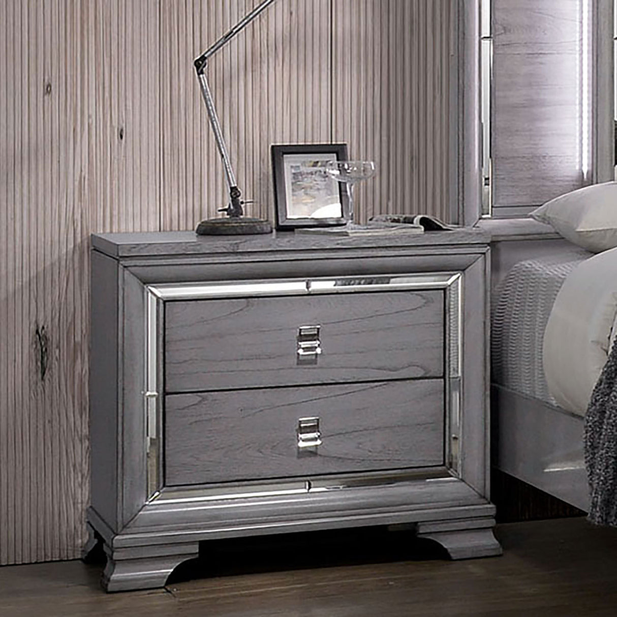 Contemporary Light Gray 1pc Nightstand Solidwood Dovetail Drawers Bedroom Furniture Bedside Table Acrylic Pulls Mirror Trim
