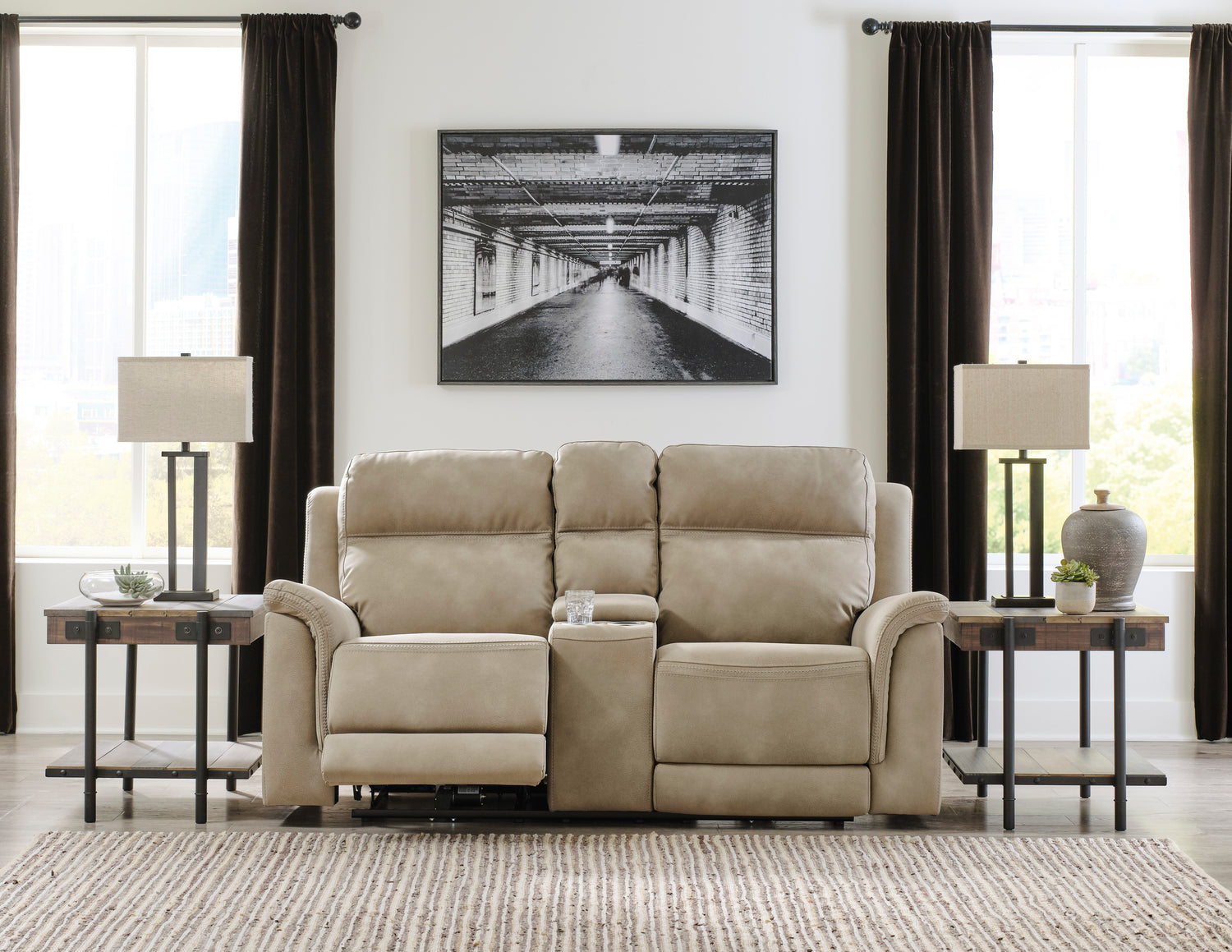 Ashley Sand Next-Gen DuraPella PWR REC Loveseat/CON/ADJ HDRST - Microfiber - Home Elegance USA
