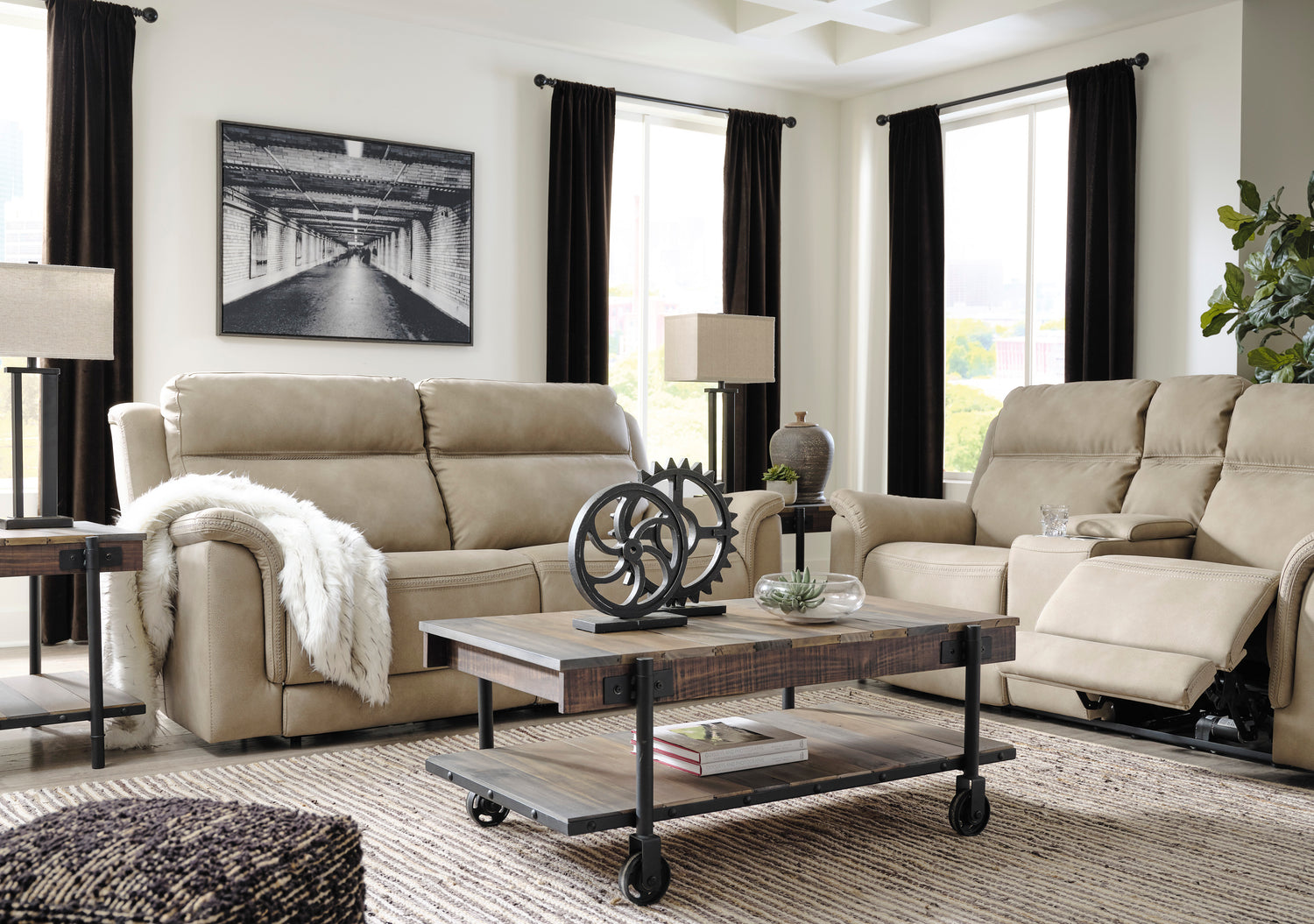 Ashley Sand Next-Gen DuraPella PWR REC Loveseat/CON/ADJ HDRST - Microfiber - Home Elegance USA
