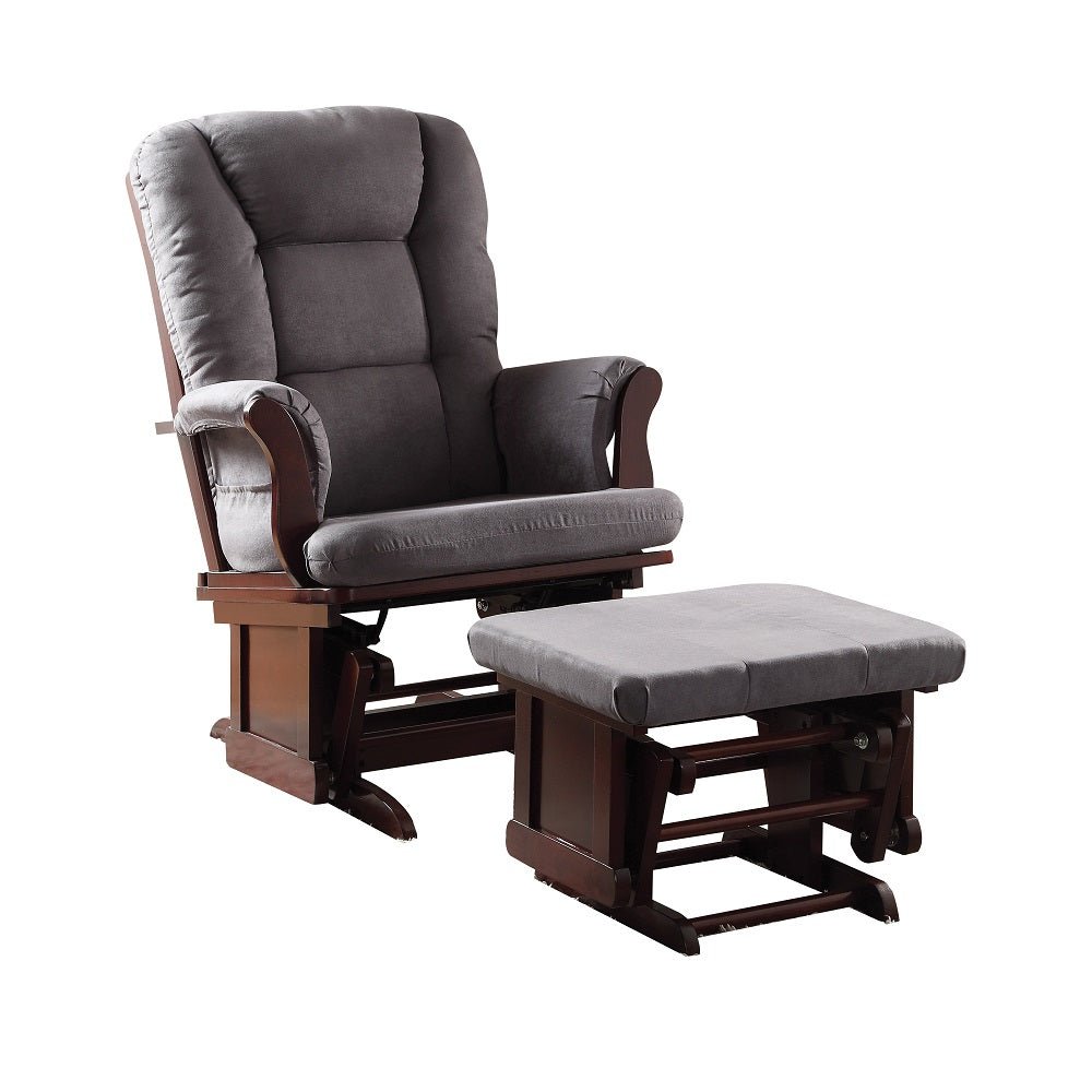 Adeliza Glider Chair & Ottoman 59338 Gray Microfiber & Cherry Finish | Acme | Home Elegance USA