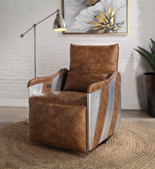 Acme - Qalurne Power Motion Recliner W/Swivel 59942 Two Tone Mocha Top Grain Leather & Aluminum