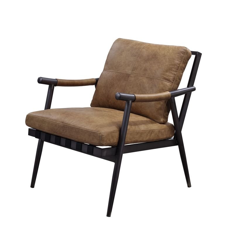 Anzan Accent Chair 59949 Berham Chestnut Top Grain Leather & Matt Iron Finish | Acme | Home Elegance USA