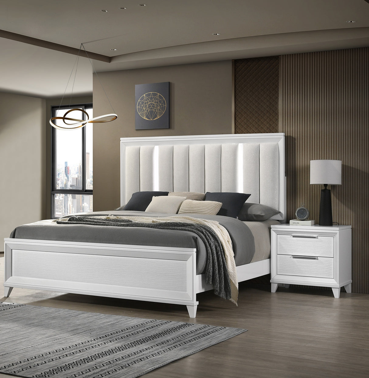 Contemporary Queen Size Bed 2xNightstand 3pc Set Panel Bed Upholstered Cushion LED Lights Headboard White Finish Wooden Solid Wood Furniture
