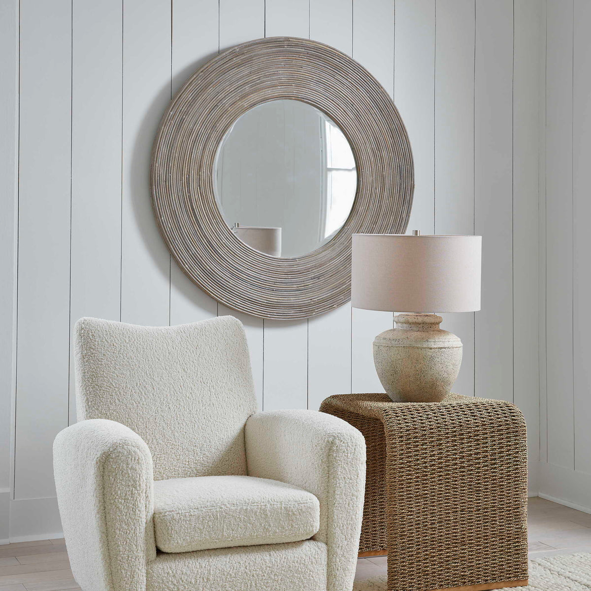Vortex White Washed Round Mirror - Silver by Uttermost - View 3
