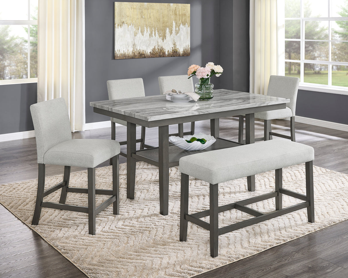 Selena 6-Piece 60' Rectangular Gray Faux Marble Counter Height Dining Set with Storage Shelf, Light Gray Upholstered Chairs & Bench - sold by Home Elegance USA