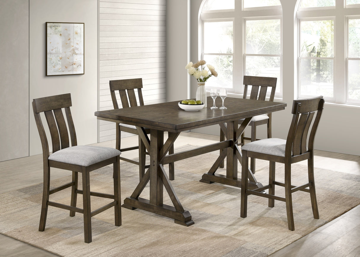 5pc Counter Height Dining Set Beautifully Crafted Dining Table Robust Trestle Base Upholstered Chair Rich Wood Finish Natural Charm Dining Room Furniture Rustic Brown