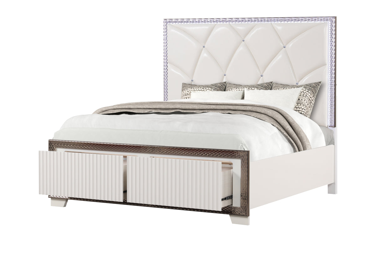 Fabio Contemporary Style King Tufted Bed Made with Diamond-Shaped Side Accents and LED Lighting and Wood in White Finish(NJ INVENTORY)